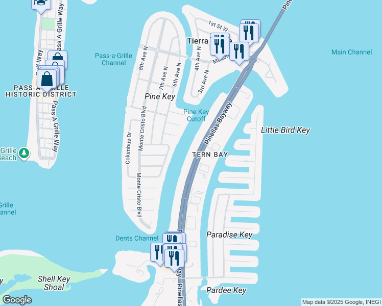map of restaurants, bars, coffee shops, grocery stores, and more near 610 Pinellas Bayway South in Tierra Verde