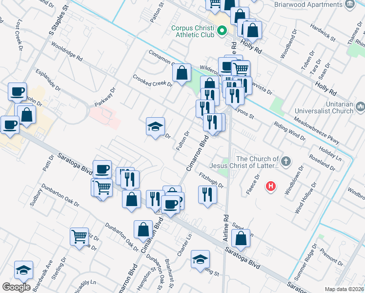 map of restaurants, bars, coffee shops, grocery stores, and more near 6202 Michaux Drive in Corpus Christi