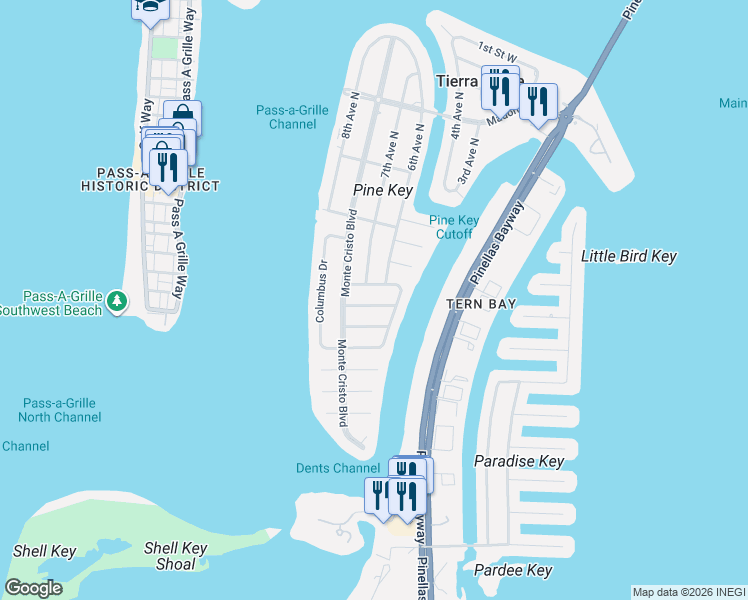 map of restaurants, bars, coffee shops, grocery stores, and more near 642 Ponce De Leon Drive in St. Petersburg
