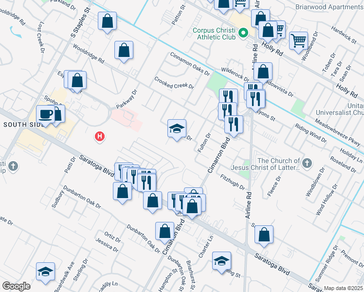 map of restaurants, bars, coffee shops, grocery stores, and more near 6121 Durant Drive in Corpus Christi