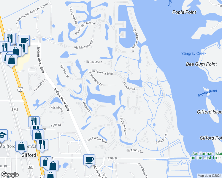 map of restaurants, bars, coffee shops, grocery stores, and more near 5000 Harmony Circle in Vero Beach