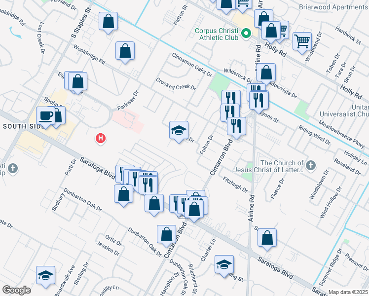 map of restaurants, bars, coffee shops, grocery stores, and more near 2537 Scabbard Drive in Corpus Christi