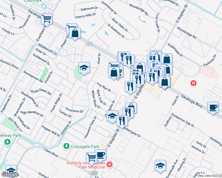 map of restaurants, bars, coffee shops, grocery stores, and more near 5514 Fox Run Drive in Corpus Christi