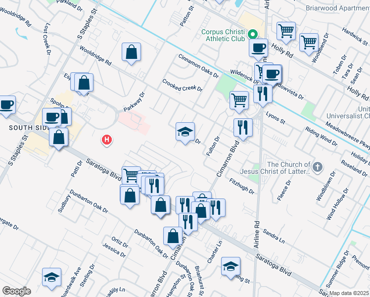 map of restaurants, bars, coffee shops, grocery stores, and more near 6121 Durant Drive in Corpus Christi