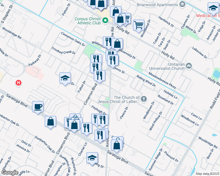 map of restaurants, bars, coffee shops, grocery stores, and more near Airline Rd & Wooldridge Rd in Corpus Christi