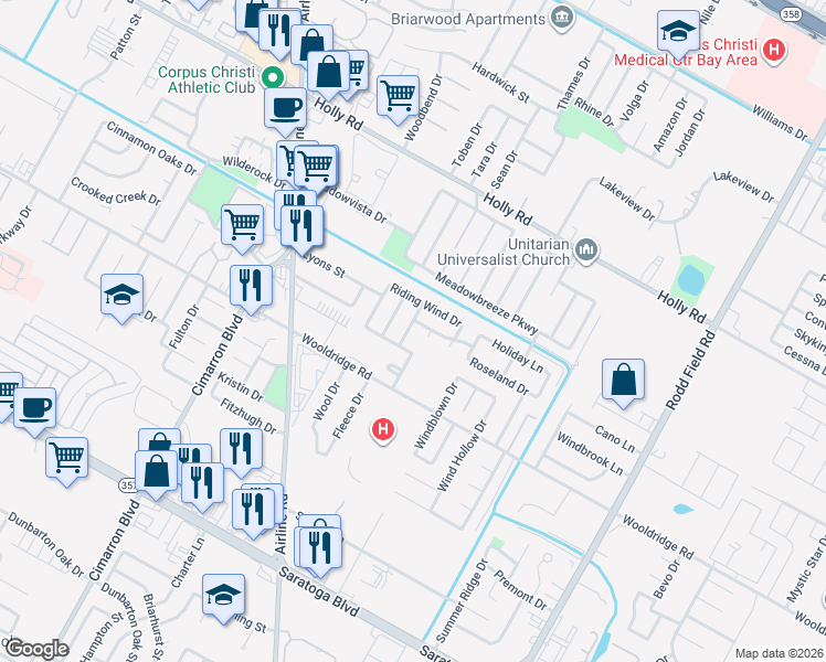 map of restaurants, bars, coffee shops, grocery stores, and more near 2326 Nautical Wind Drive in Corpus Christi