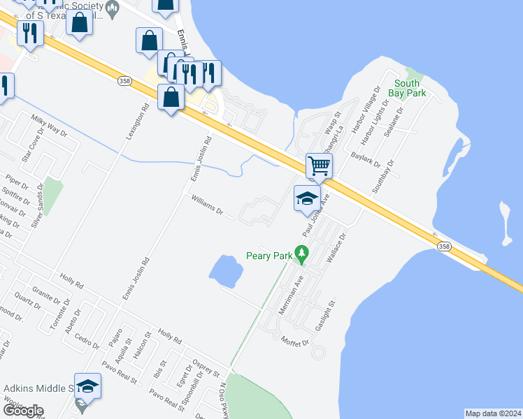 map of restaurants, bars, coffee shops, grocery stores, and more near 8033 South Padre Island Drive in Corpus Christi