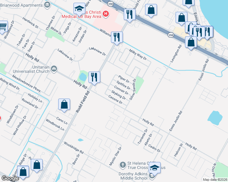map of restaurants, bars, coffee shops, grocery stores, and more near 7414 Skyking Drive in Corpus Christi