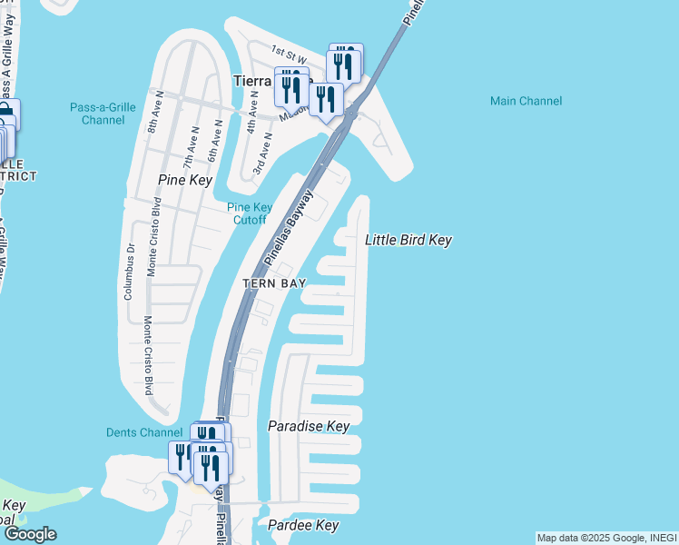 map of restaurants, bars, coffee shops, grocery stores, and more near 108 5th Street East in Tierra Verde