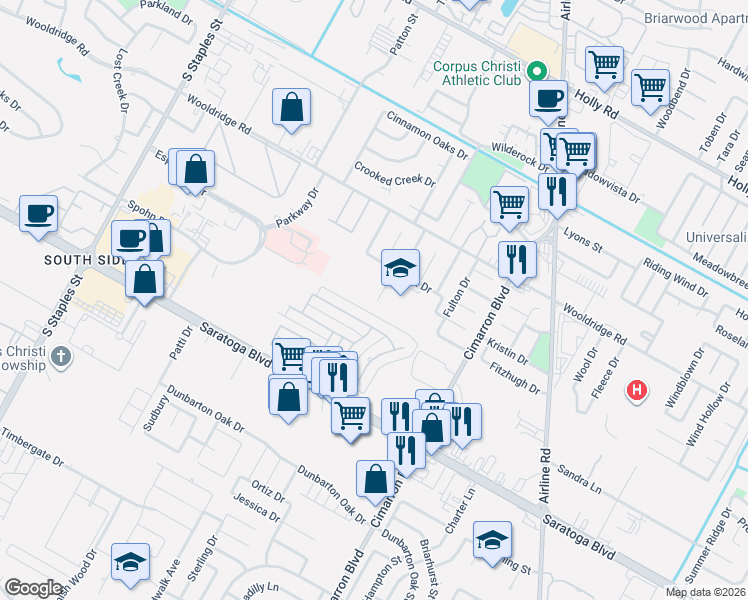 map of restaurants, bars, coffee shops, grocery stores, and more near 2629 Katie Court in Corpus Christi