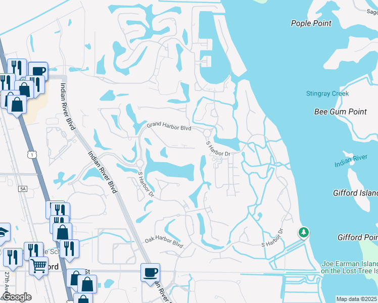 map of restaurants, bars, coffee shops, grocery stores, and more near 5000 Harmony Circle in Vero Beach