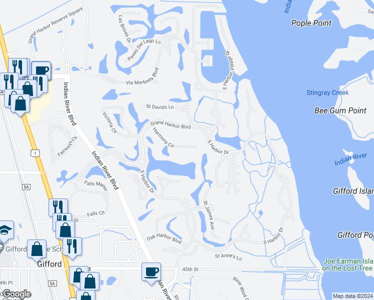 map of restaurants, bars, coffee shops, grocery stores, and more near 5000 Harmony Circle in Vero Beach