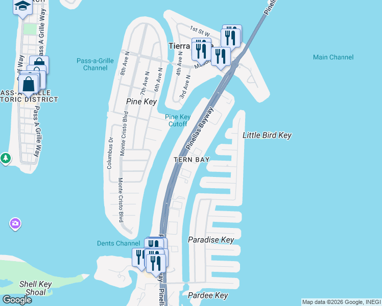 map of restaurants, bars, coffee shops, grocery stores, and more near 521 Pinellas Bayway South in Tierra Verde