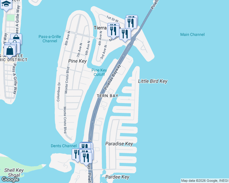 map of restaurants, bars, coffee shops, grocery stores, and more near 487 Pinellas Bayway South in Tierra Verde