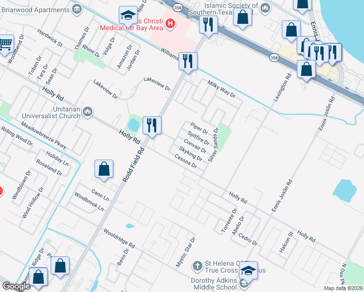 map of restaurants, bars, coffee shops, grocery stores, and more near 7414 Skyking Drive in Corpus Christi