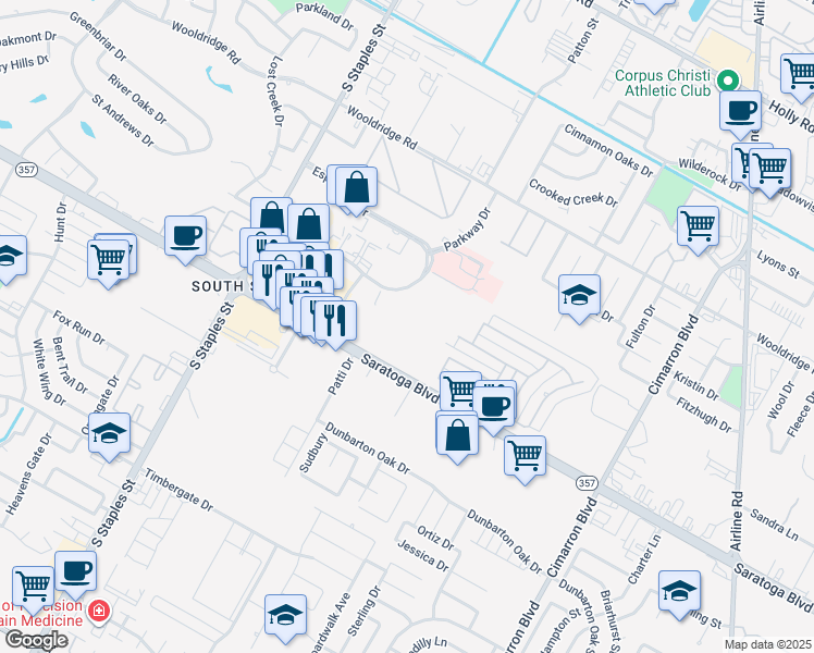 map of restaurants, bars, coffee shops, grocery stores, and more near 5950 Saratoga Boulevard in Corpus Christi
