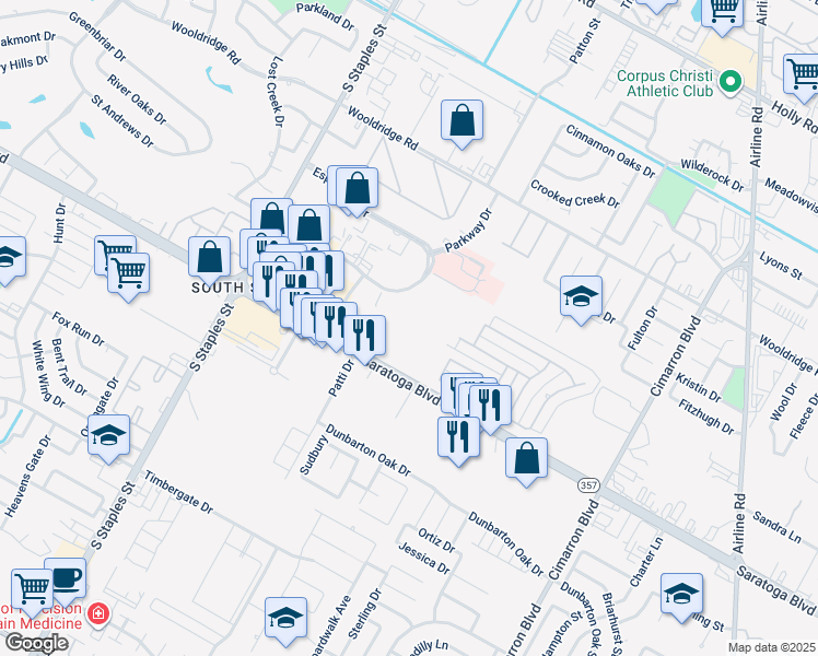 map of restaurants, bars, coffee shops, grocery stores, and more near 5950 Saratoga Boulevard in Corpus Christi
