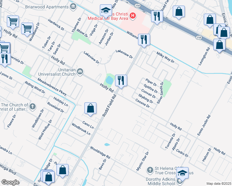 map of restaurants, bars, coffee shops, grocery stores, and more near Holly Rd & Rodd Field Rd in Corpus Christi