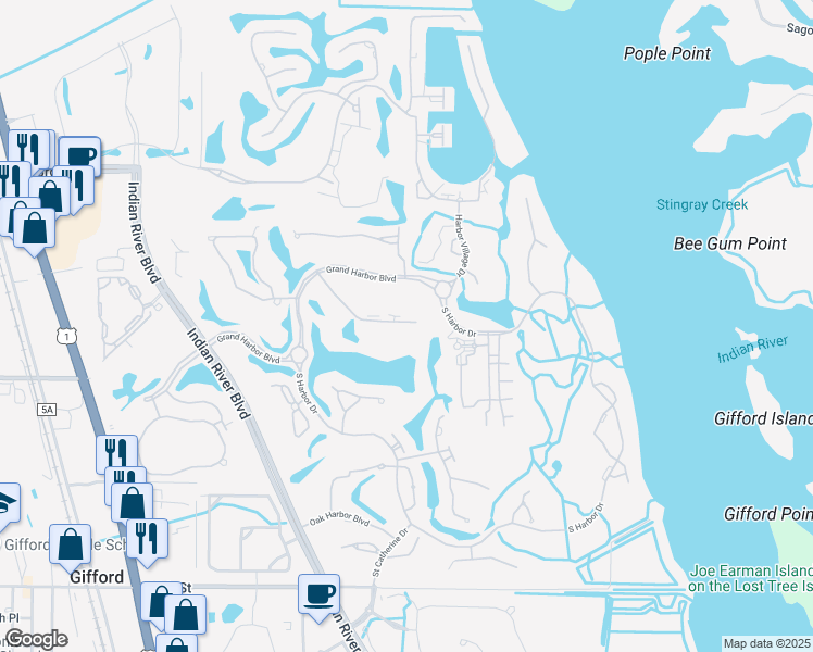 map of restaurants, bars, coffee shops, grocery stores, and more near 5000 Harmony Circle in Vero Beach
