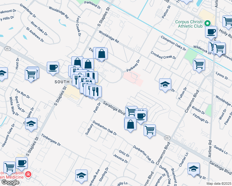 map of restaurants, bars, coffee shops, grocery stores, and more near 5920 Saratoga Boulevard in Corpus Christi