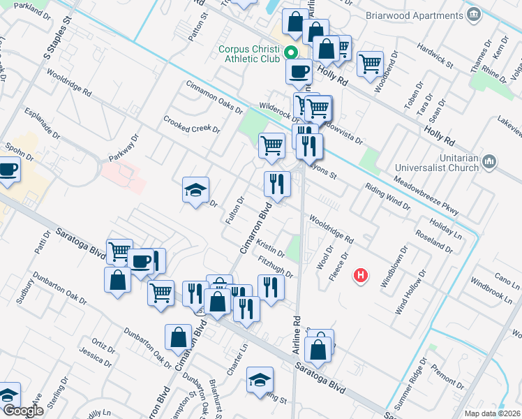 map of restaurants, bars, coffee shops, grocery stores, and more near 6222 Coppedge Drive in Corpus Christi