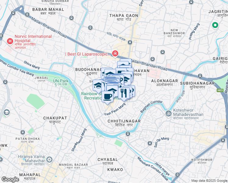 map of restaurants, bars, coffee shops, grocery stores, and more near Shankhamul Marga in Kathmandu