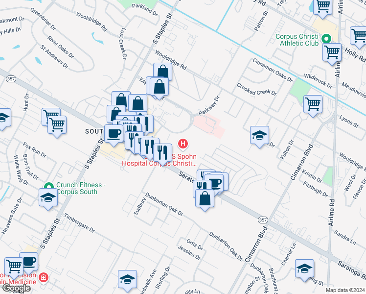 map of restaurants, bars, coffee shops, grocery stores, and more near 5920 Saratoga Boulevard in Corpus Christi