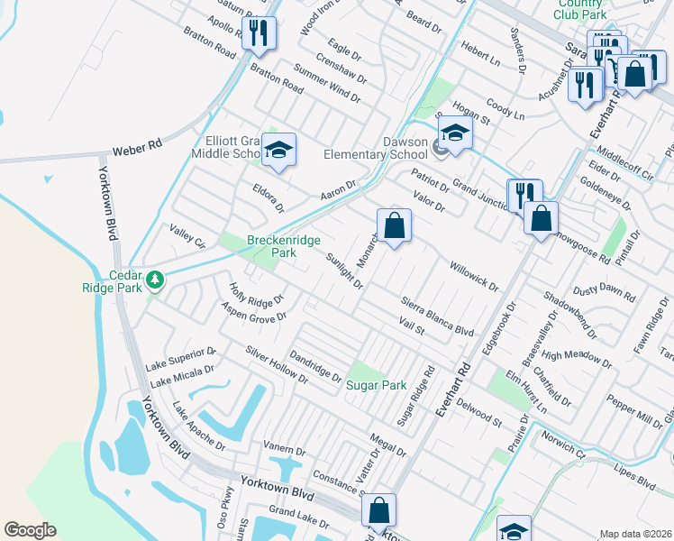 map of restaurants, bars, coffee shops, grocery stores, and more near 4525 Sunlight Drive in Corpus Christi