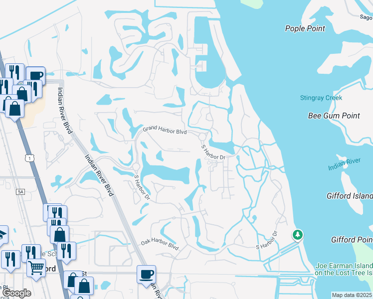 map of restaurants, bars, coffee shops, grocery stores, and more near 5000 Harmony Circle in Vero Beach