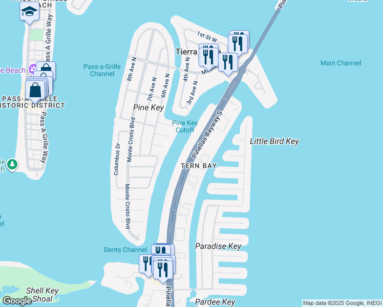 map of restaurants, bars, coffee shops, grocery stores, and more near 521 Pinellas Bayway South in Tierra Verde