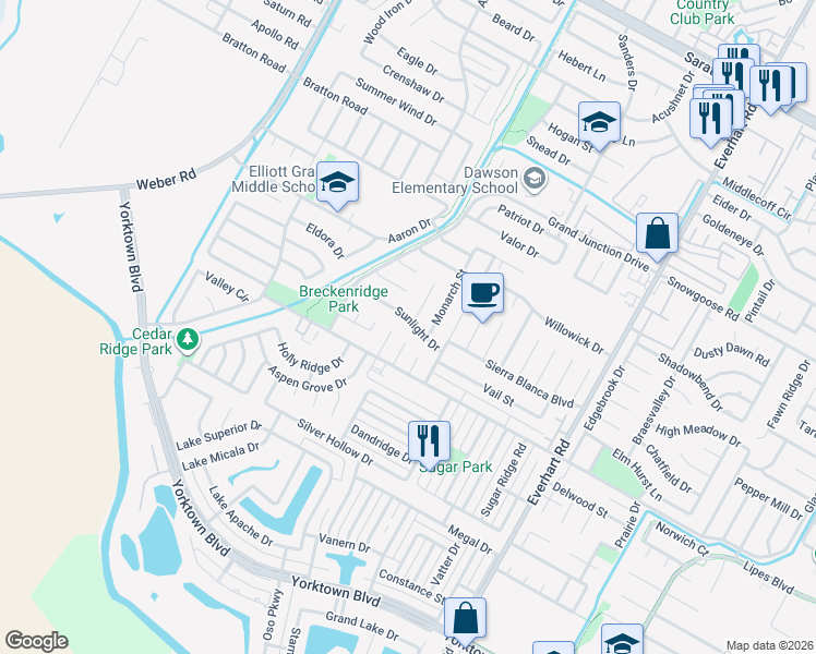 map of restaurants, bars, coffee shops, grocery stores, and more near 4525 Sunlight Drive in Corpus Christi