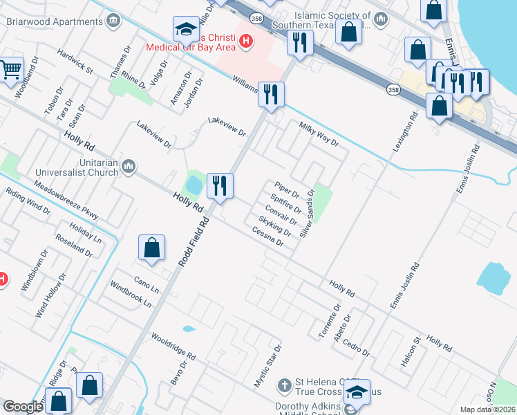 map of restaurants, bars, coffee shops, grocery stores, and more near 7414 Skyking Drive in Corpus Christi