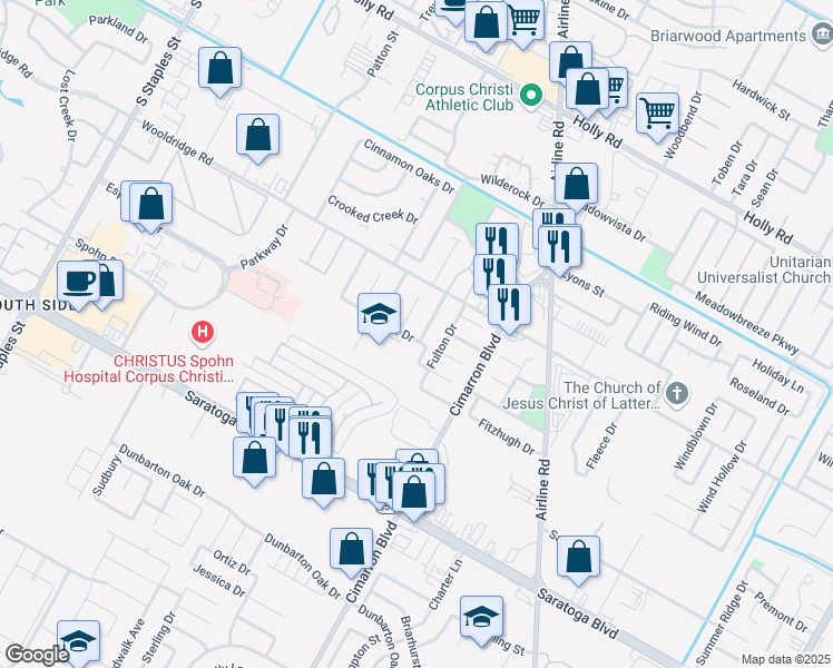 map of restaurants, bars, coffee shops, grocery stores, and more near 2537 Scabbard Drive in Corpus Christi