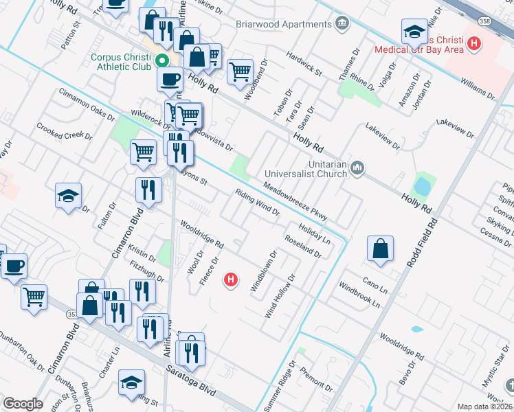 map of restaurants, bars, coffee shops, grocery stores, and more near 2326 Nautical Wind Drive in Corpus Christi