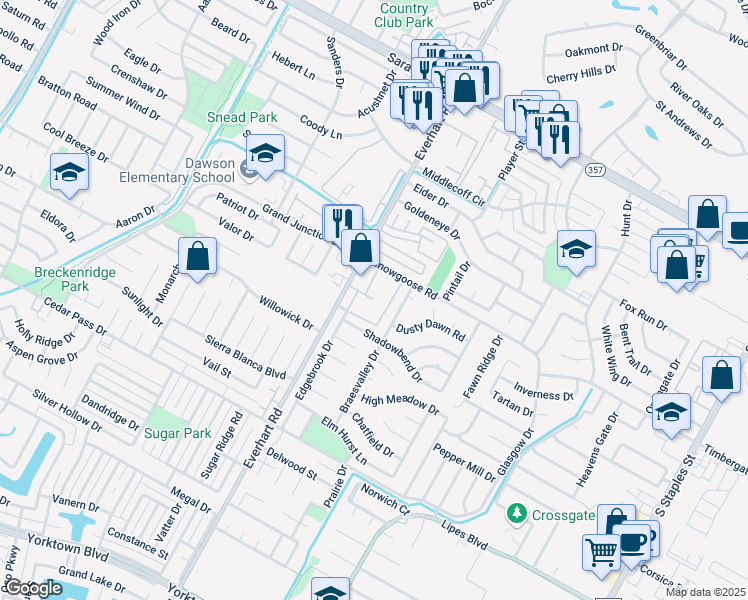 map of restaurants, bars, coffee shops, grocery stores, and more near 6829 Braesvalley Drive in Corpus Christi