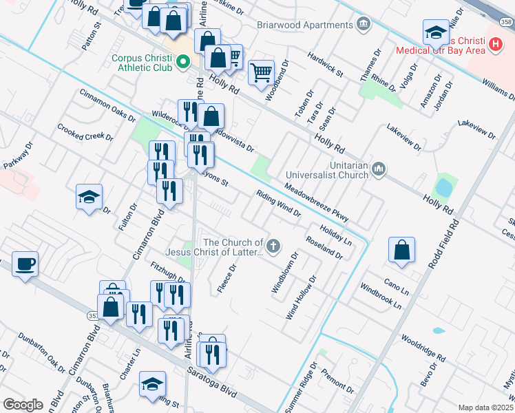 map of restaurants, bars, coffee shops, grocery stores, and more near 2317 Tropical Wind Drive in Corpus Christi