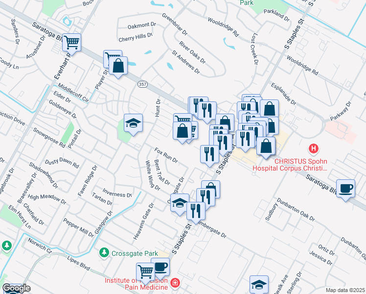 map of restaurants, bars, coffee shops, grocery stores, and more near 5313 Saratoga Boulevard in Corpus Christi