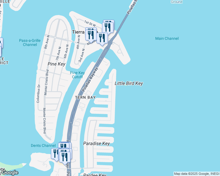 map of restaurants, bars, coffee shops, grocery stores, and more near 108 5th Street East in Tierra Verde