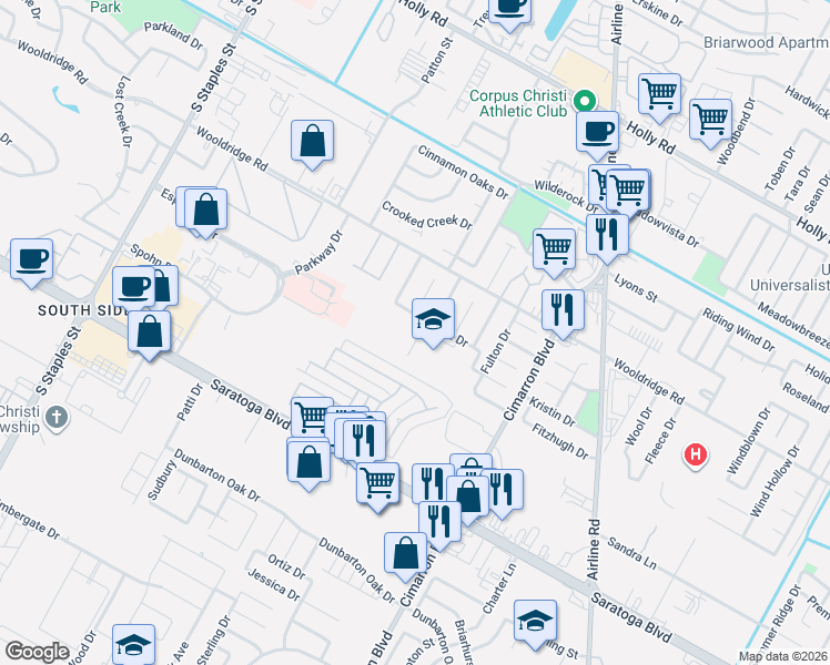 map of restaurants, bars, coffee shops, grocery stores, and more near 2629 Katie Court in Corpus Christi