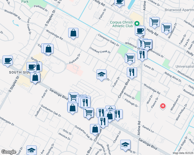 map of restaurants, bars, coffee shops, grocery stores, and more near 2629 Katie Court in Corpus Christi