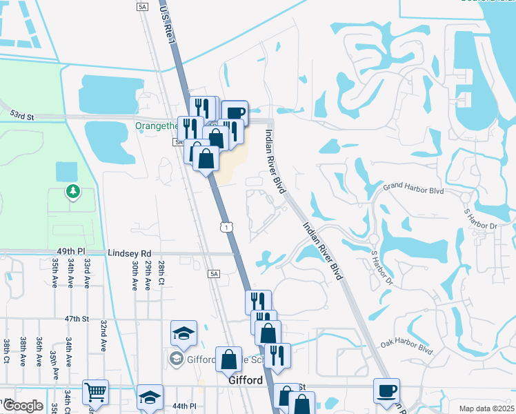 map of restaurants, bars, coffee shops, grocery stores, and more near 5020 Fairways Circle in Vero Beach