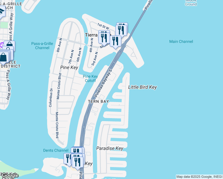 map of restaurants, bars, coffee shops, grocery stores, and more near 207 Pinellas Bayway South in Tierra Verde