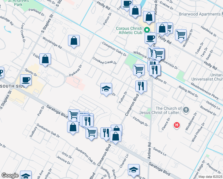 map of restaurants, bars, coffee shops, grocery stores, and more near 2529 Wishbone Court in Corpus Christi