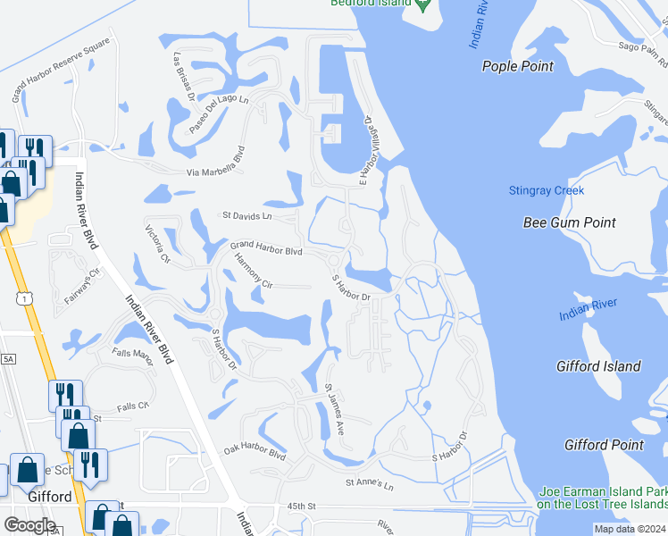 map of restaurants, bars, coffee shops, grocery stores, and more near Harbor Drive in Vero Beach