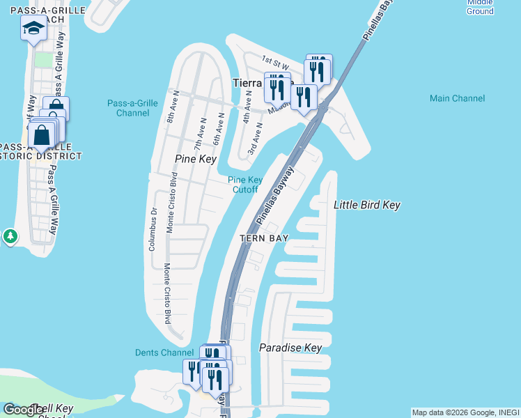 map of restaurants, bars, coffee shops, grocery stores, and more near 390 Pinellas Bayway South in St. Petersburg