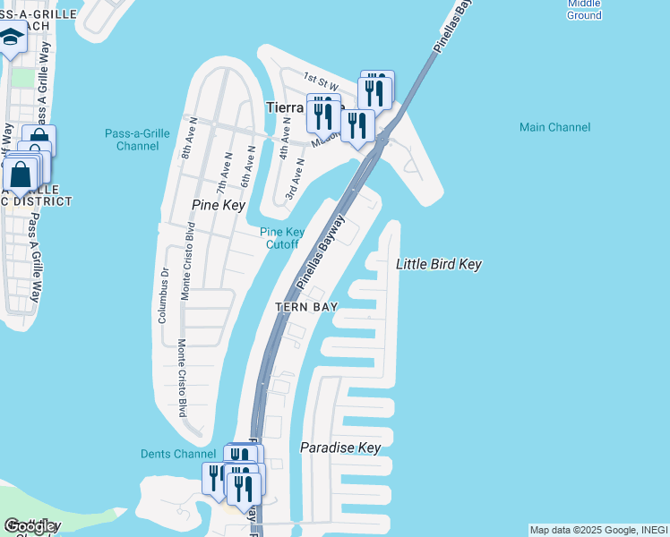 map of restaurants, bars, coffee shops, grocery stores, and more near 465 Pinellas Bayway South in Tierra Verde