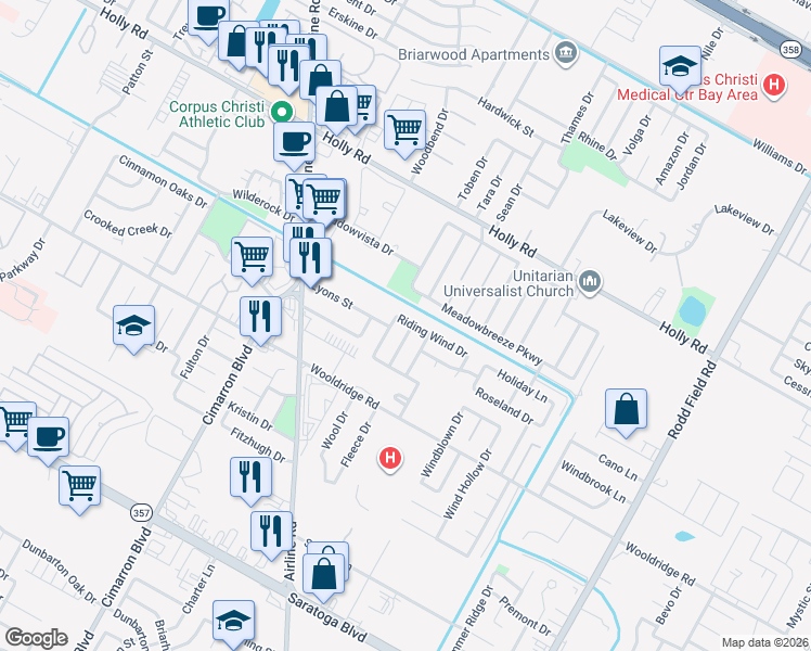 map of restaurants, bars, coffee shops, grocery stores, and more near 6620 Riding Wind Drive in Corpus Christi