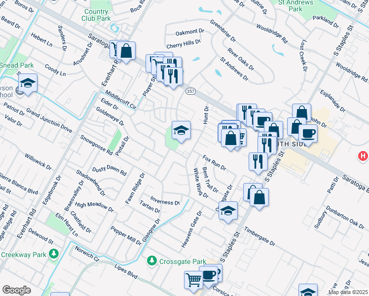 map of restaurants, bars, coffee shops, grocery stores, and more near 5222 Merganser Drive in Corpus Christi