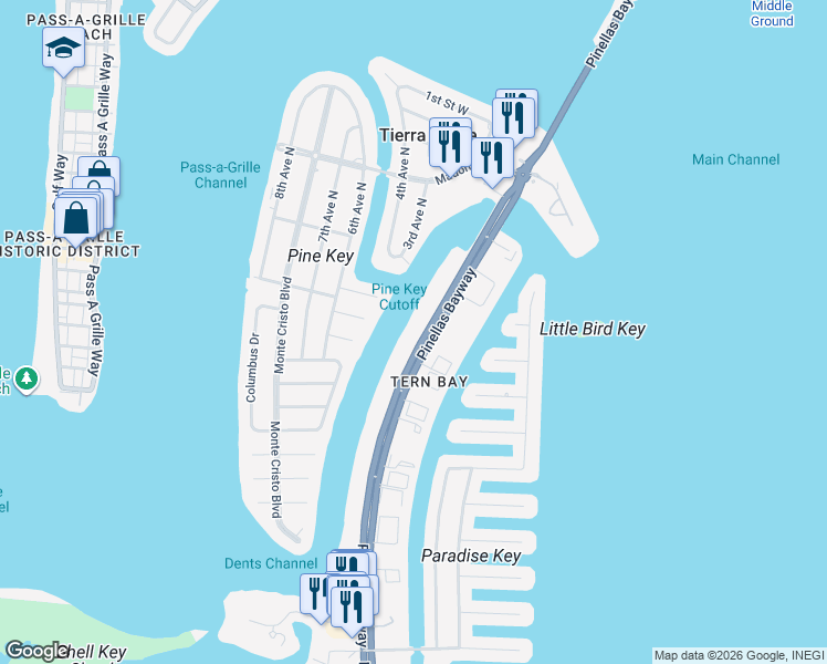 map of restaurants, bars, coffee shops, grocery stores, and more near 390 Pinellas Bayway South in St. Petersburg