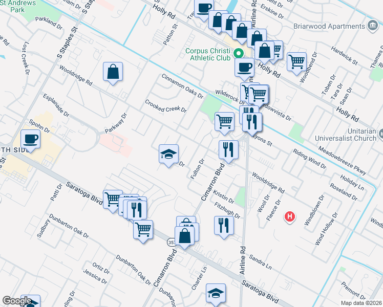map of restaurants, bars, coffee shops, grocery stores, and more near 2510 Scabbard Drive in Corpus Christi